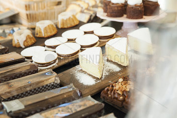 Desserts in bakery display