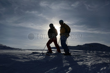 Krippenbrunn  Oesterreich  Skifahrer stehen im Gegenlicht