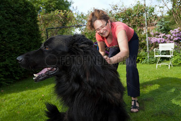 Breslau  Polen  Frau mit ihrem Hund im Garten