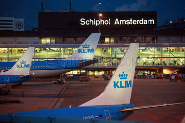 Amsterdam  Niederlande  Flugzeuge der KLM vor dem Terminal des Flughafen Schiphol