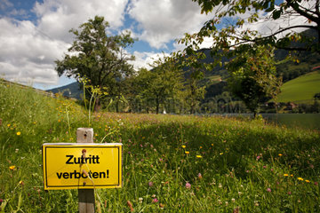 Feld am See  Oesterreich  Wiese mit Zutritt verboten-Schild am Ufer des Brennsee