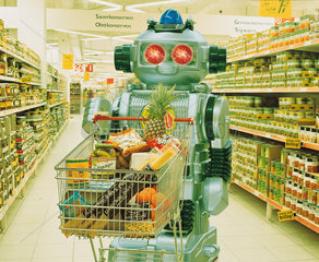 Hamburg  Deutschland  Roboter mit Einkaufswagen im Supermarkt