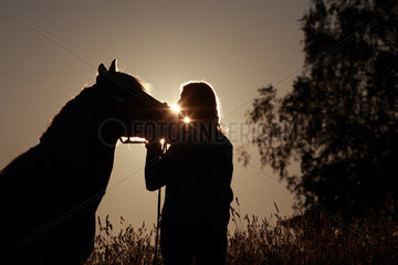 Oberoderwitz  Deutschland  Silhouette  Frau schmust mit ihrem Pferd bei Daemmerung