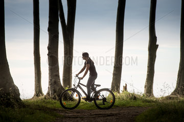 Nienhagen  Deutschland  Radfahrerin im Wald bei Nienhagen
