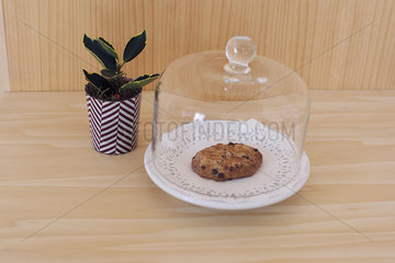 Chocolate chip cookie under glass cake cover