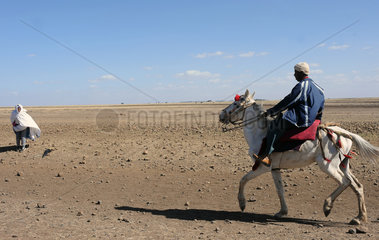 Mangudo  Aethiopien  ein Bauer reitet auf einem Muli ueber das Feld