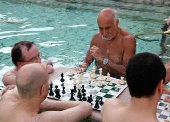 Budapest  Ungarn  Schach spielen in einem Aussenbecken des Szechenyi-Thermalbades