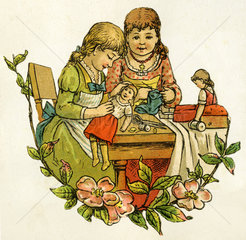 Maedchen spielen mit Puppen  1888
