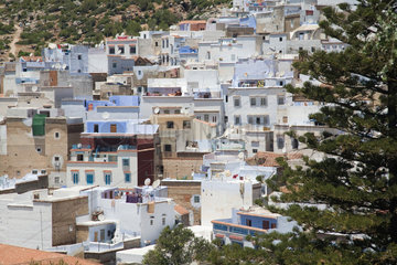 Chefchaouen  Marokko  Blick ueber die Stadt  die bekannt ist fuer ihre blauen Haeuser