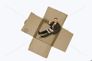 Geschaeftsmann mit Notebook sitzt in Karton