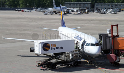 Berlin  Deutschland  Catering-Container wird an ein Flugzeug der Lufthansa geschoben