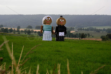 Warstein  Deutschland  ein Brautpaar aus Strohballen auf einer Wiese