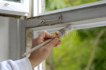 Berlin  Deutschland  Handwerker streicht einen Fensterrahmen