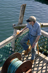 Bar Harbor  USA  ein aelterer Mann trinkt ein Bier im Hafen von Mount Desert Island