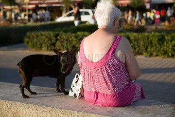 Palma  Mallorca  Spanien  eine Frau mit ihrem Hund sitzt an der Promenade Palmas