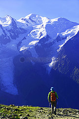 France  Haute Savoie ( 74 )  Chamonix  treker near the Brevent in front of mont Blanc mountain