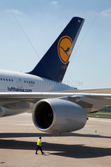 Duesseldorf  Deutschland  der Airbus A380 von Lufthansa auf dem Flughafen Duesseldorf
