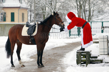 Koenigs Wusterhausen  Deutschland  Weihnachtsmann will auf sein Pferd aufsteigen