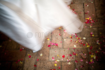 Sevilla  Spanien  Brautkleid und Bluetenblaetter