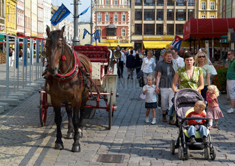 Breslau  Polen  eine Pferdekutsche auf dem Marktplatz