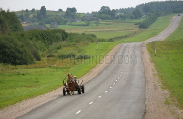 Uneliski  Weissrussland  Pferdefuhrwerk auf einer Landstrasse