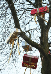 Bremen  Deutschland  Weihnachtsgeschenke haengen in einem Baum