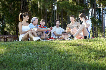 Family enjoying picnic on grassy hill