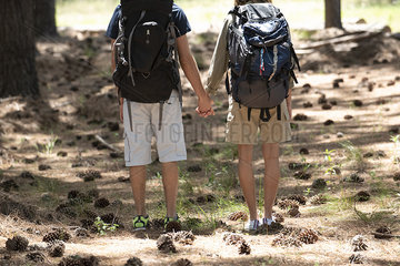 Low section of young couple standing in forest
