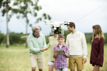 Family playing with drone