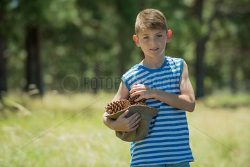 Boy carrying pinecones  portrait