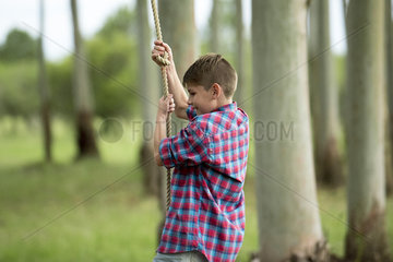 Boy swinging on rope
