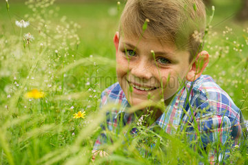 Boy in field of wildflowers