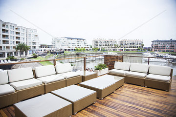 Deck overlooking marina at luxury hotel