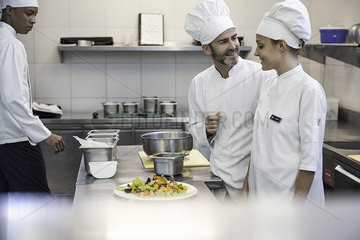 Chefs working together in commercial kitchen