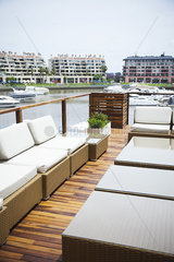 Deck overlooking marina at luxury hotel