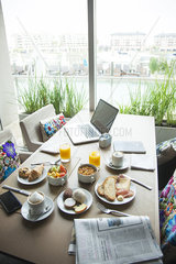 Breakfast on table in luxury hotel