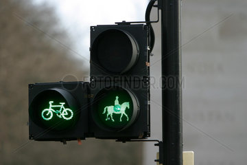 Auch fuer Pferde gilt: bei roter Ampel gilt es zu warten - unweit vom Buckingham Palast.