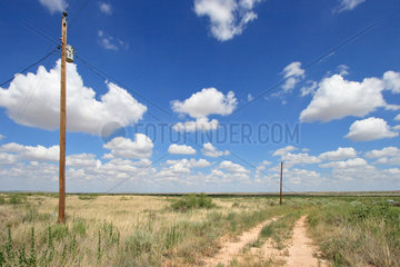 Glenrio  USA  Strommasten am Rand einer Steppe in New Mexico