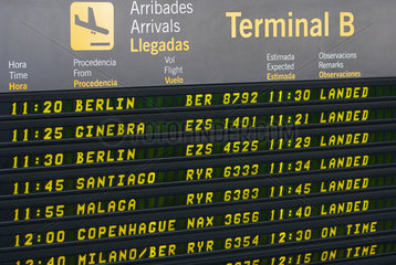 Barcelona  Spanien  Anzeigetafel der ankommenden Flugzeuge  Flughafen Barcelona