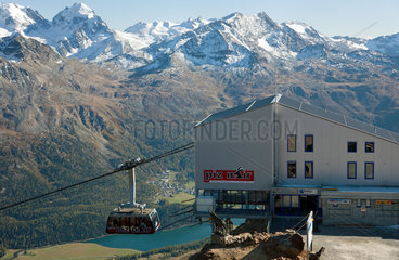 St. Moritz  Schweiz  Blick vom Gipfel des Piz Nair  vorne die Station der Bergbahn