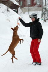 Krippenbrunn  Oesterreich  Mann spielt mit seinem Hund im Schnee