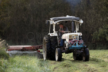 Prangendorf  Deutschland  Landwirt auf einem Traktor maeht eine Wiese