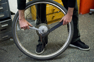 Berlin  Deutschland  Mitarbeiter einer Fahrradreparaturwerkstatt arbeitet an einem Rad
