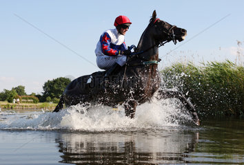 Hamburg  Deutschland  Pferd und Jockey traben aus einem See heraus