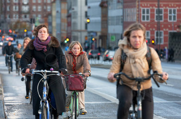 Kopenhagen  Daenemark  Fahhradfahrer auf einer Hauptstrasse
