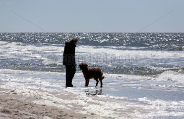 Insel Amrum  Nebel  Deutschland  Mann mit Hund in der Brandung der Nordsee