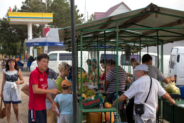 Republik Moldau  Verkauf von Obst an einer Tankstelle in der Naehe zur ukrainischen Grenze