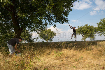 Republik Moldau  Junge Maenner ernten Wallnuesse an einer Landstrasse