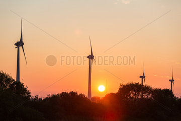 Emden  Deutschland  Windraeder bei Sonnenuntergang