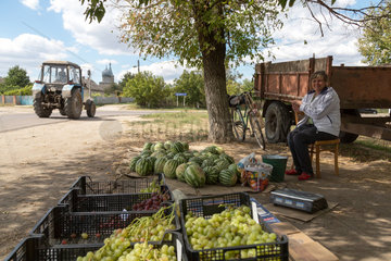 Chitcani  Republik Moldau  Baeuerin verkauft Obst am Strassenrand